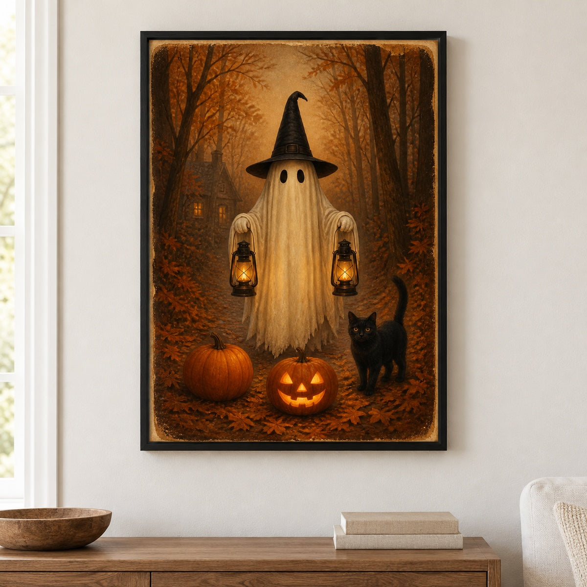 Ghost Lanterns and Black Cat Halloween Canvas Wall Art - Black Frame closeup wall view