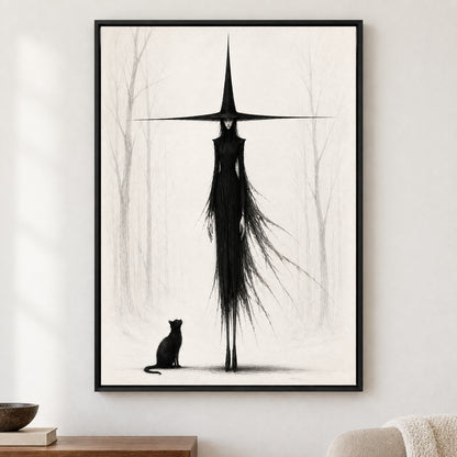 Tall Witch and Black Cat Monochrome Canvas Wall Art - Black Frame closeup wall view