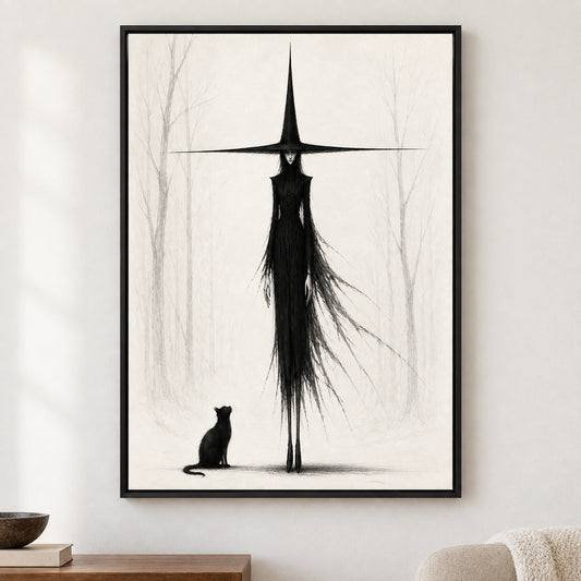 Tall Witch and Black Cat Monochrome Canvas Wall Art - Black Frame closeup wall view