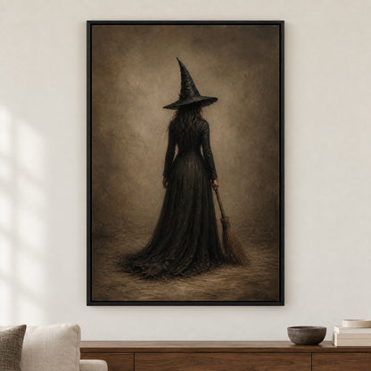 Lone Witch with Broom Dark Fantasy Canvas Wall Art - Black Frame closeup wall view