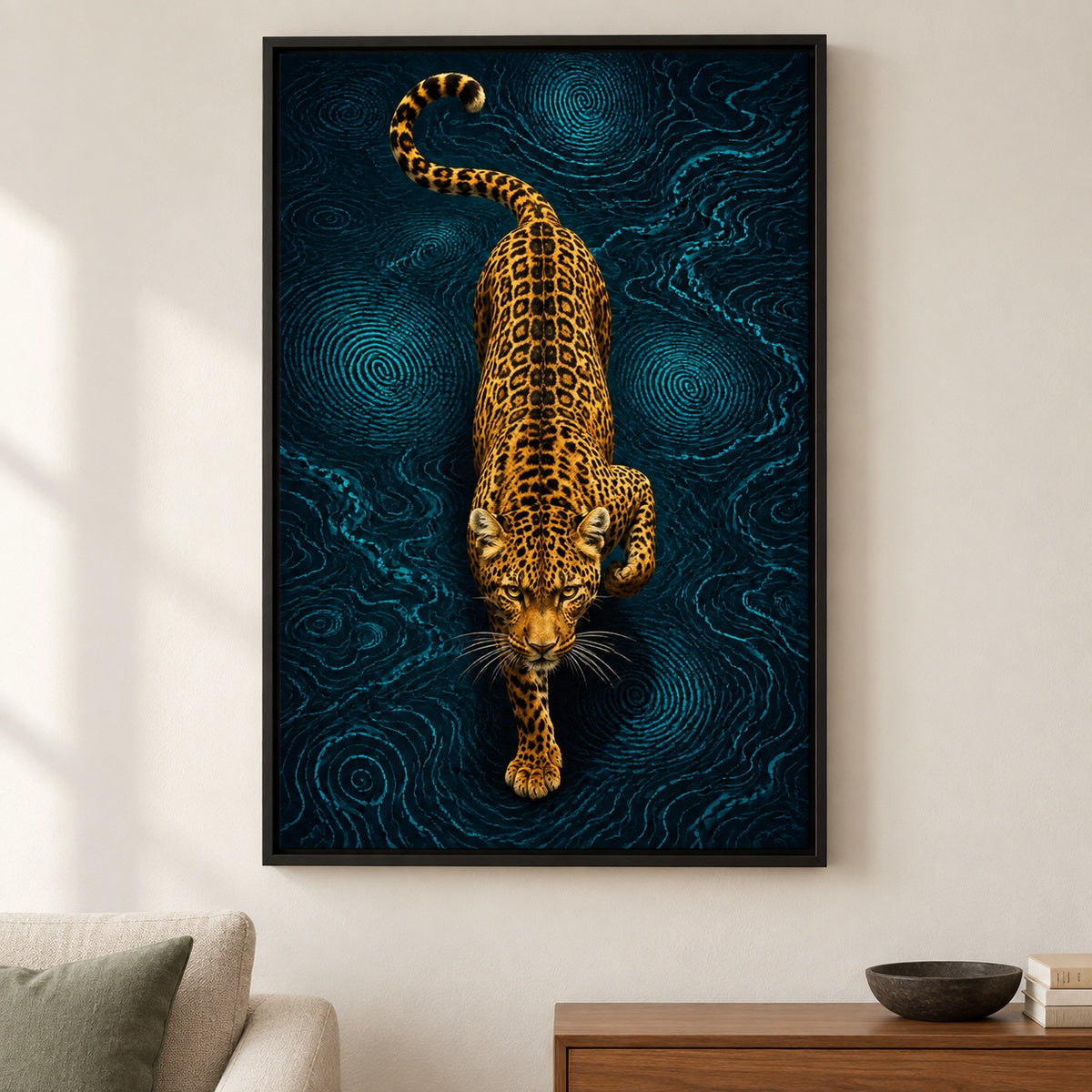 Golden Leopard Teal Topography Canvas Wall Art - Black Frame closeup wall view