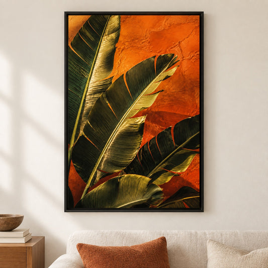 Orange Wall Tropical Leaves Canvas Wall Art - Black Frame closeup wall view