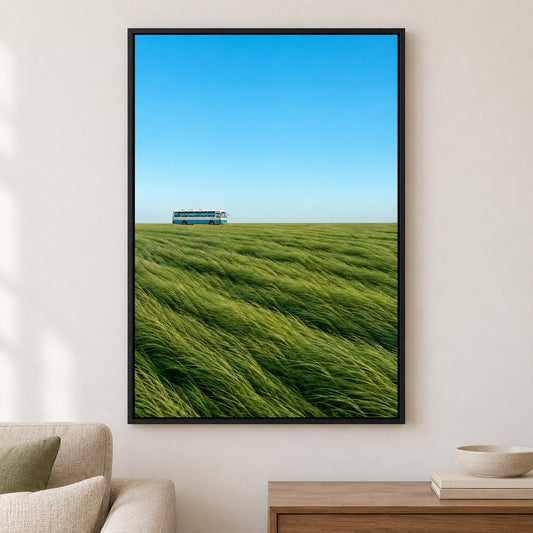 Windswept Grassland Vintage Bus Canvas Wall Art - Black Frame closeup wall view