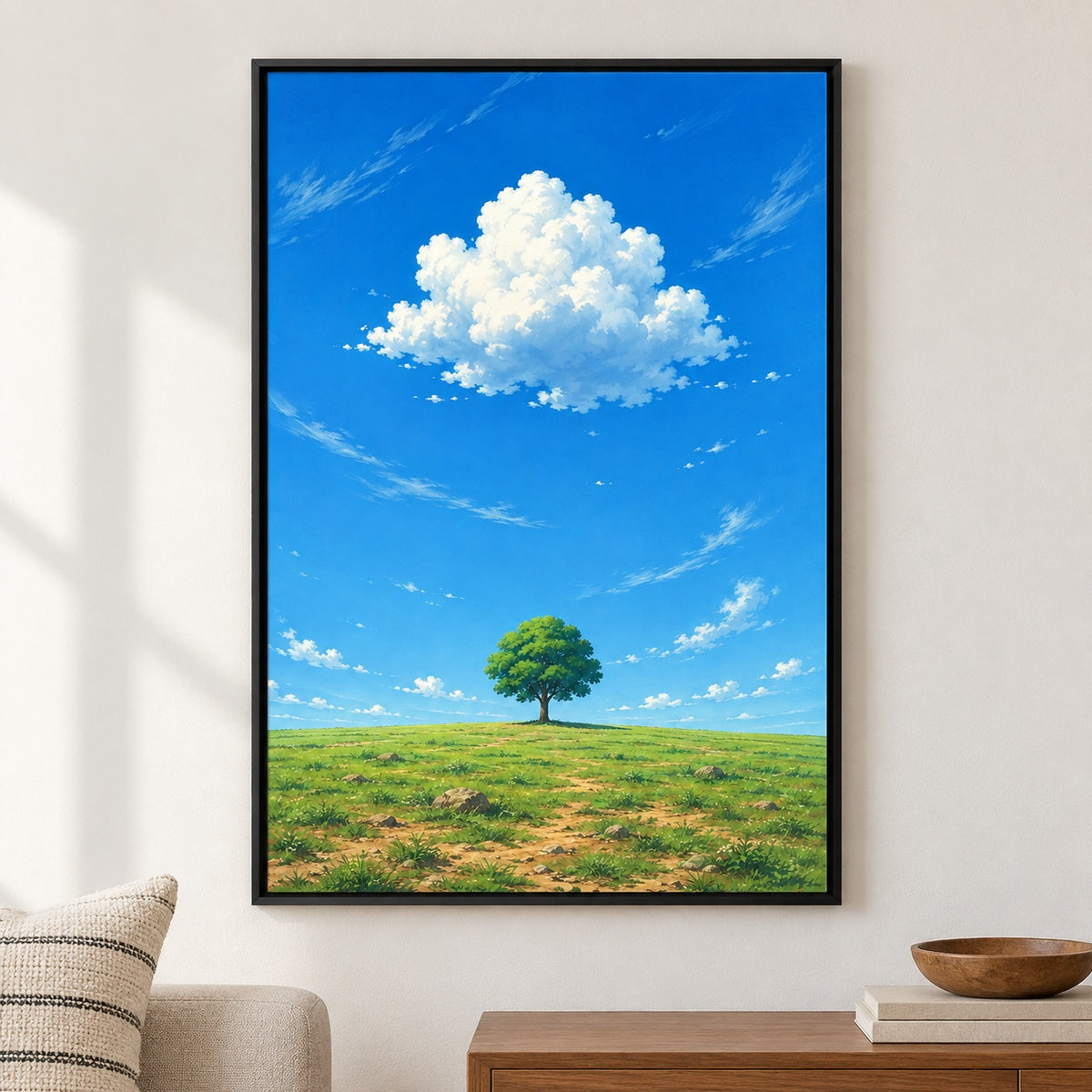 Solitary Tree and Cumulus Cloud Anime Canvas Wall Art - Black Frame closeup wall view