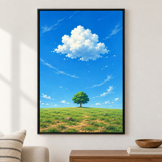 Solitary Tree and Cumulus Cloud Anime Canvas Wall Art - Black Frame closeup wall view