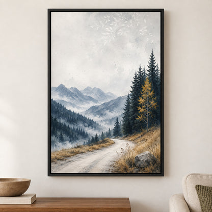 Misty Mountain Road and Yellow Tree Canvas Wall Art - Black Frame closeup wall view