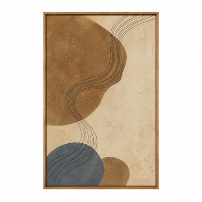 Beige Brown Contour Flow Abstract Canvas Wall Art with warm wood floater frame — styled room view, image 3