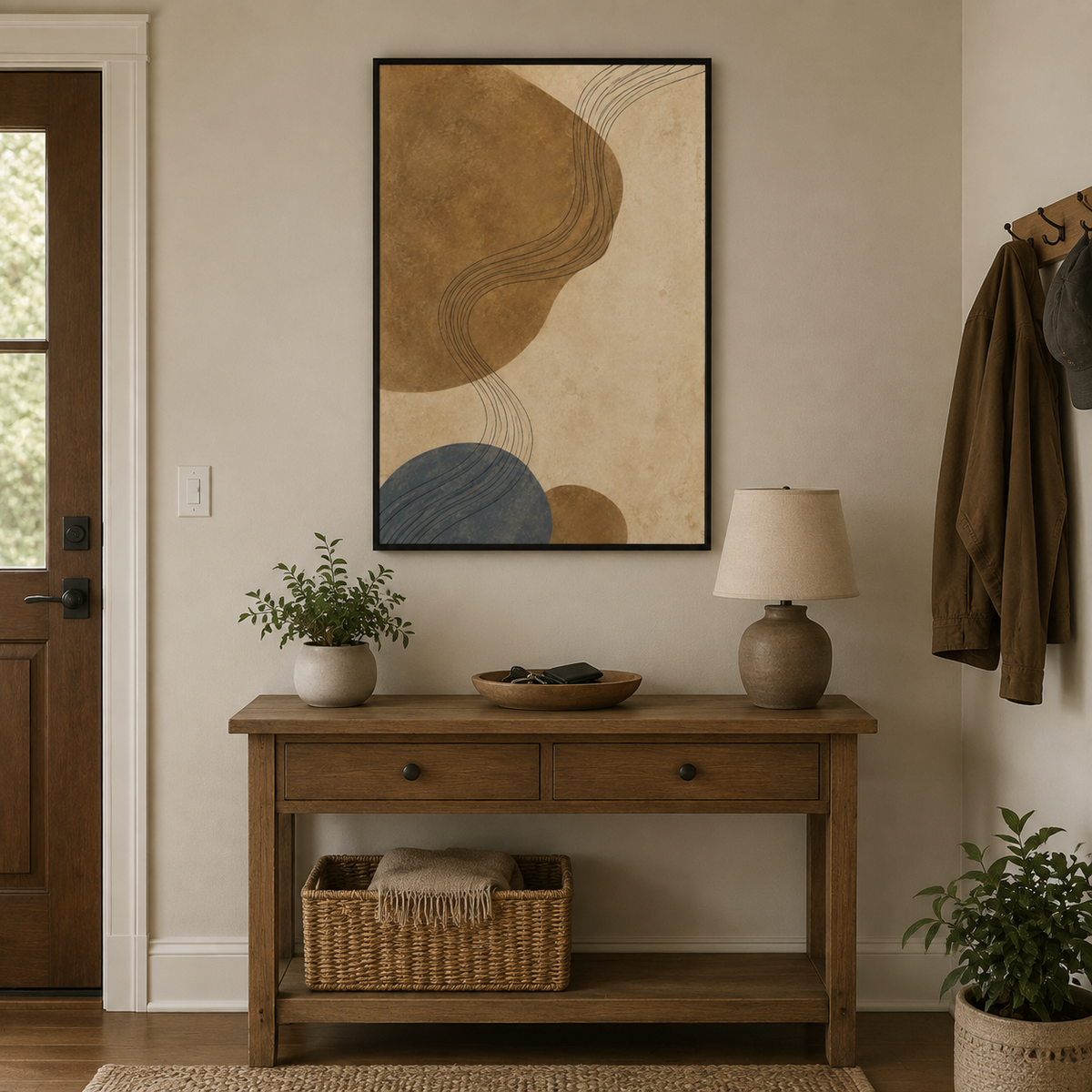 Beige Brown Contour Flow Abstract Canvas Wall Art with black floater frame — styled room view, image 1