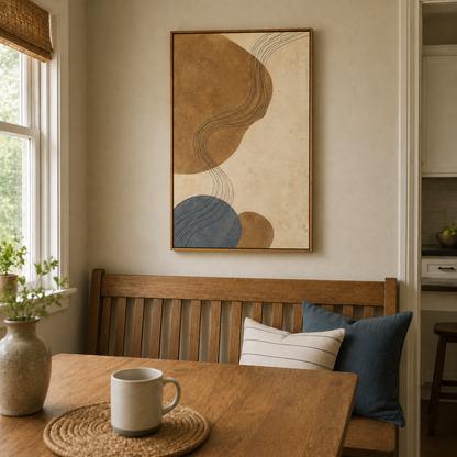 Beige Brown Contour Flow Abstract Canvas Wall Art with warm wood floater frame — styled room view, image 5