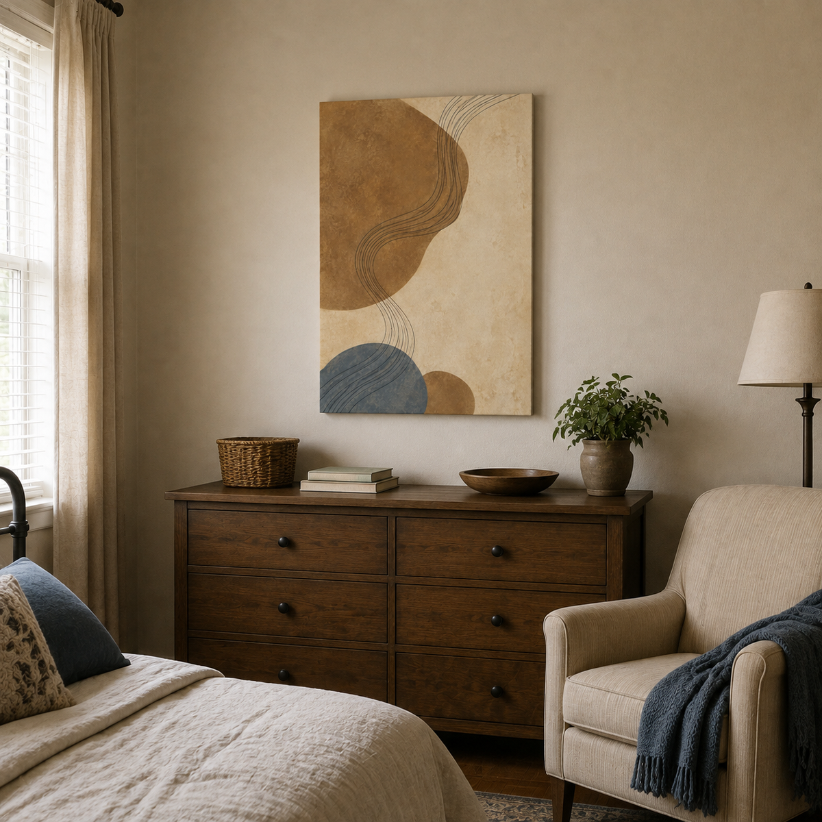 Beige Brown Contour Flow Abstract Canvas Wall Art — styled room view, image 6