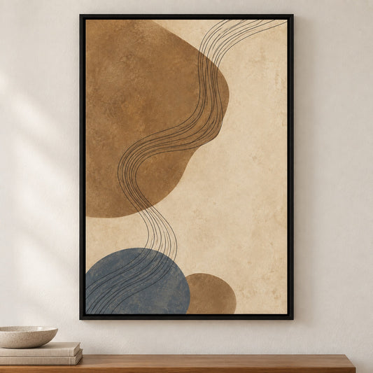 Beige Brown Contour Flow Abstract Canvas Wall Art - Black Frame closeup wall view