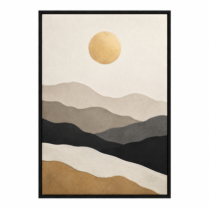 Golden Sun Layered Paper Mountains Canvas Wall Art with black floater frame — styled room view, image 2