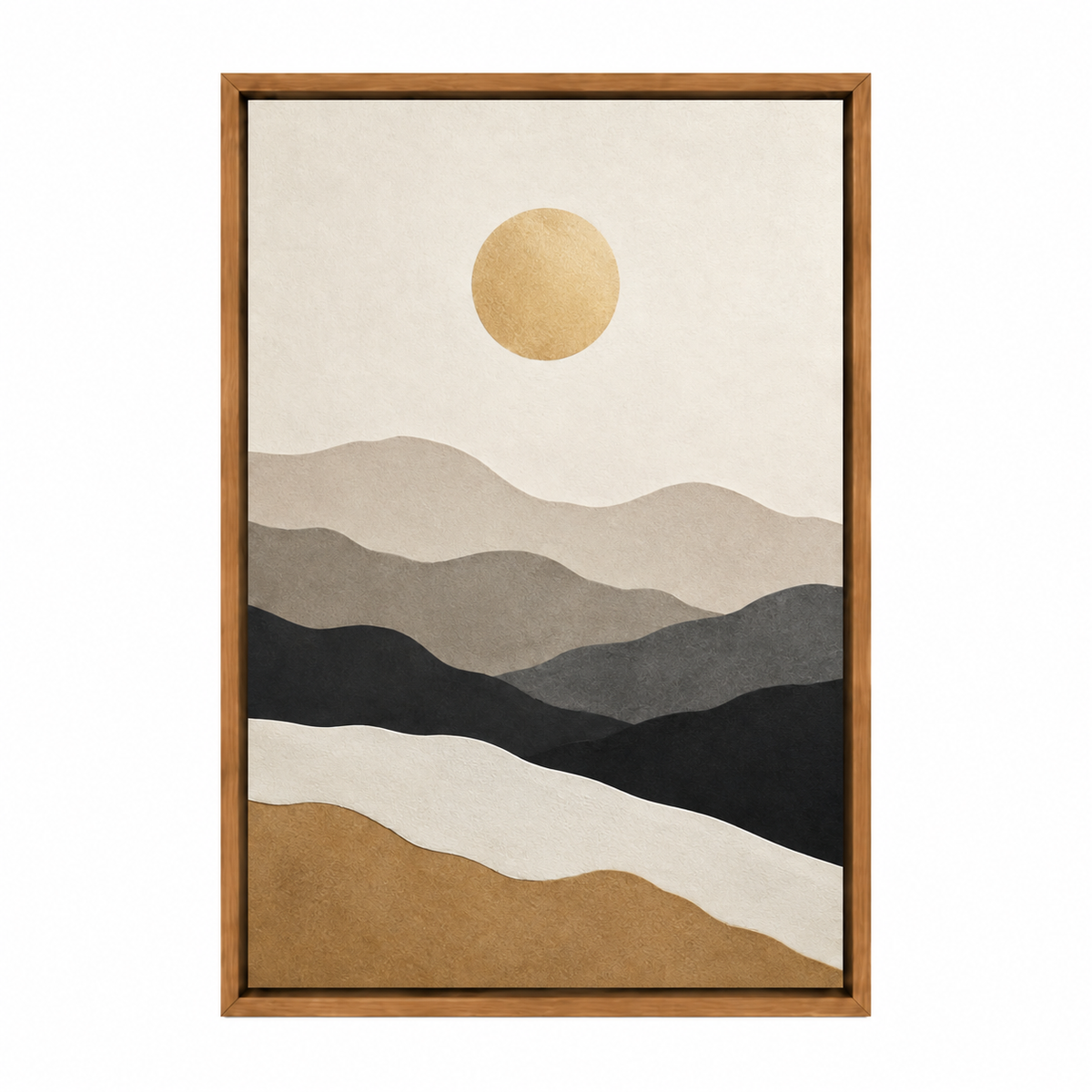 Golden Sun Layered Paper Mountains Canvas Wall Art with warm wood floater frame — styled room view, image 3