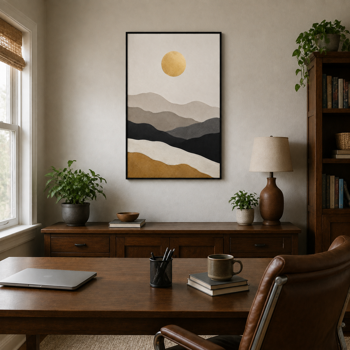 Golden Sun Layered Paper Mountains Canvas Wall Art with black floater frame — styled room view, image 1