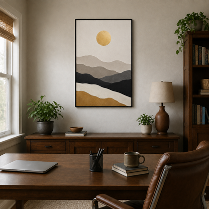 Golden Sun Layered Paper Mountains Canvas Wall Art with black floater frame — styled room view, image 1