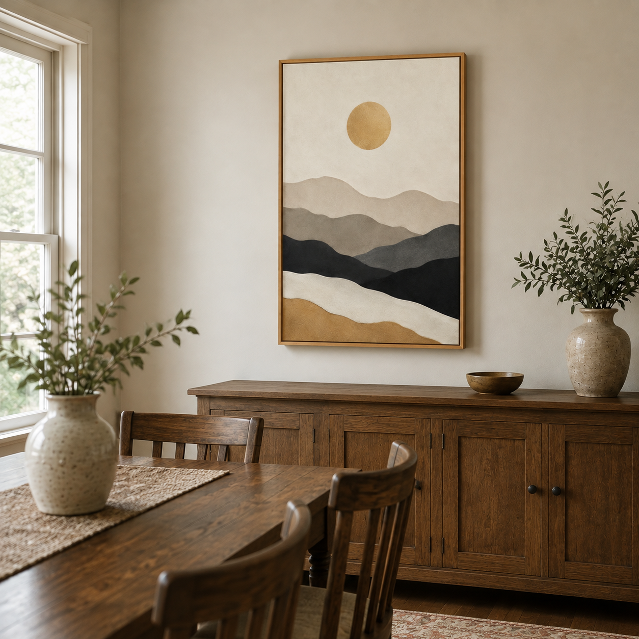 Golden Sun Layered Paper Mountains Canvas Wall Art with warm wood floater frame — styled room view, image 5