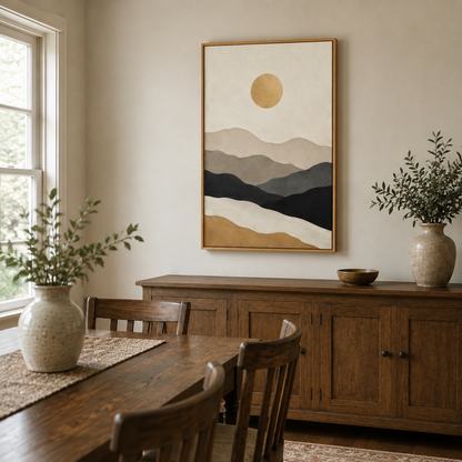 Golden Sun Layered Paper Mountains Canvas Wall Art with warm wood floater frame — styled room view, image 5