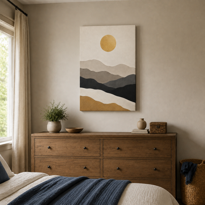 Golden Sun Layered Paper Mountains Canvas Wall Art — styled room view, image 6