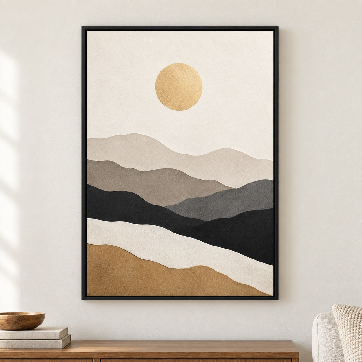 Golden Sun Layered Paper Mountains Canvas Wall Art - Black Frame closeup wall view