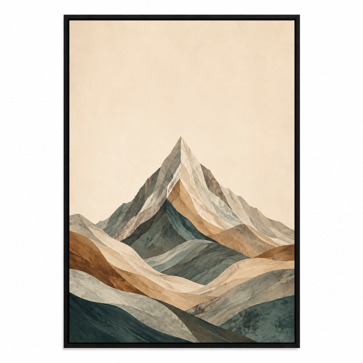 Central Teal Mountain Strata Canvas Wall Art with black floater frame — styled room view, image 2