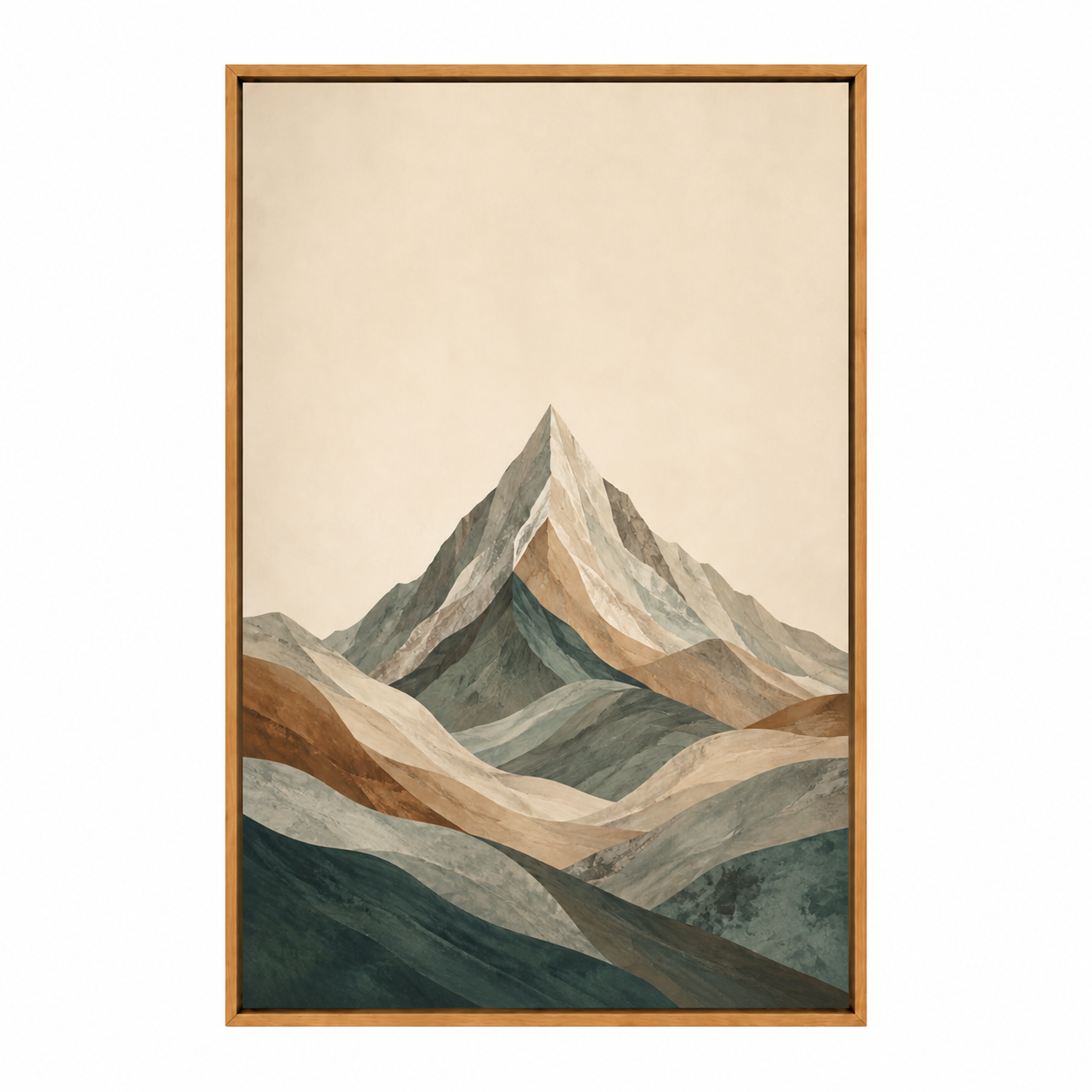Central Teal Mountain Strata Canvas Wall Art with warm wood floater frame — styled room view, image 3