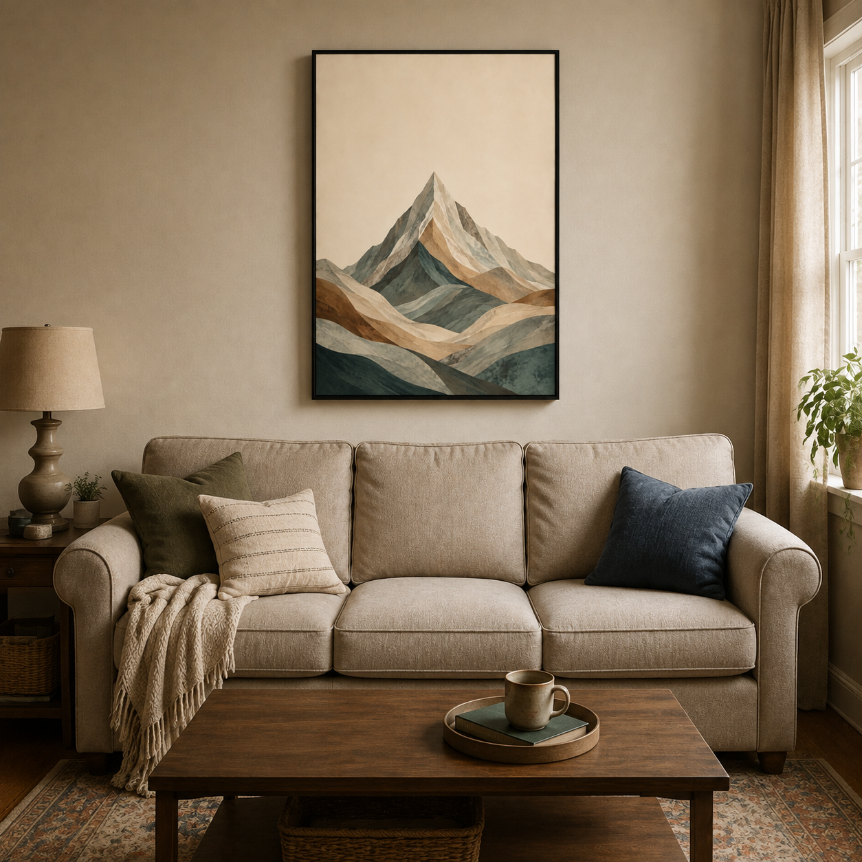 Central Teal Mountain Strata Canvas Wall Art with black floater frame — styled room view, image 1