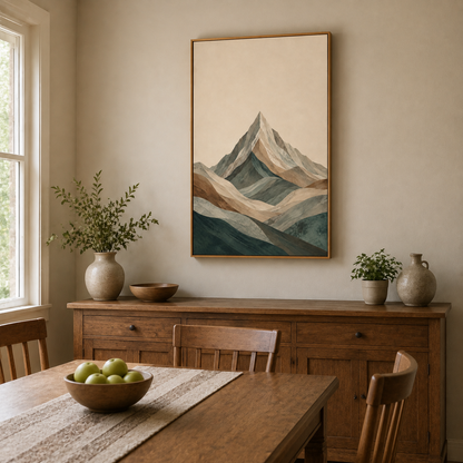 Central Teal Mountain Strata Canvas Wall Art with warm wood floater frame — styled room view, image 5