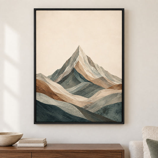 Central Teal Mountain Strata Canvas Wall Art - Black Frame closeup wall view