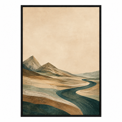 Teal River Valley Double Peak Canvas Wall Art with black floater frame — styled room view, image 2
