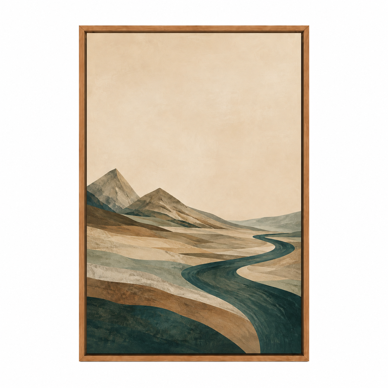 Teal River Valley Double Peak Canvas Wall Art with warm wood floater frame — styled room view, image 3