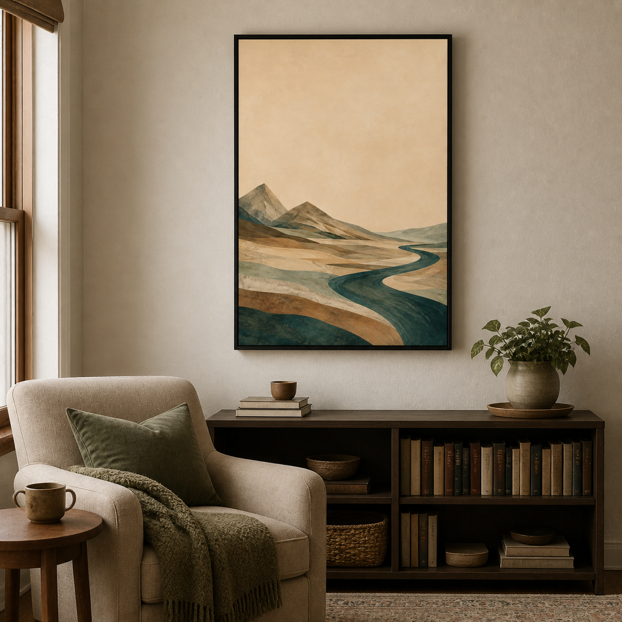 Teal River Valley Double Peak Canvas Wall Art with black floater frame — styled room view, image 1