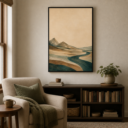 Teal River Valley Double Peak Canvas Wall Art with black floater frame — styled room view, image 1
