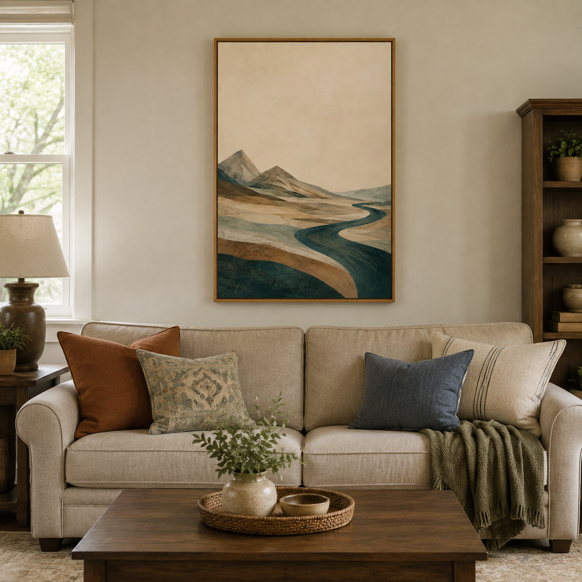 Teal River Valley Double Peak Canvas Wall Art with warm wood floater frame — styled room view, image 5
