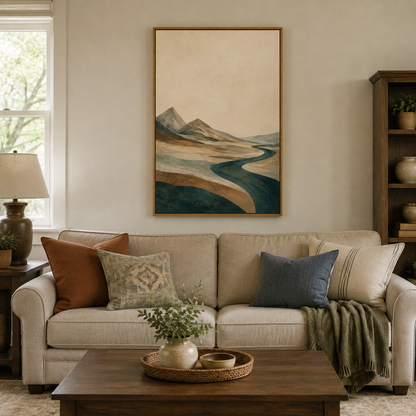 Teal River Valley Double Peak Canvas Wall Art with warm wood floater frame — styled room view, image 5