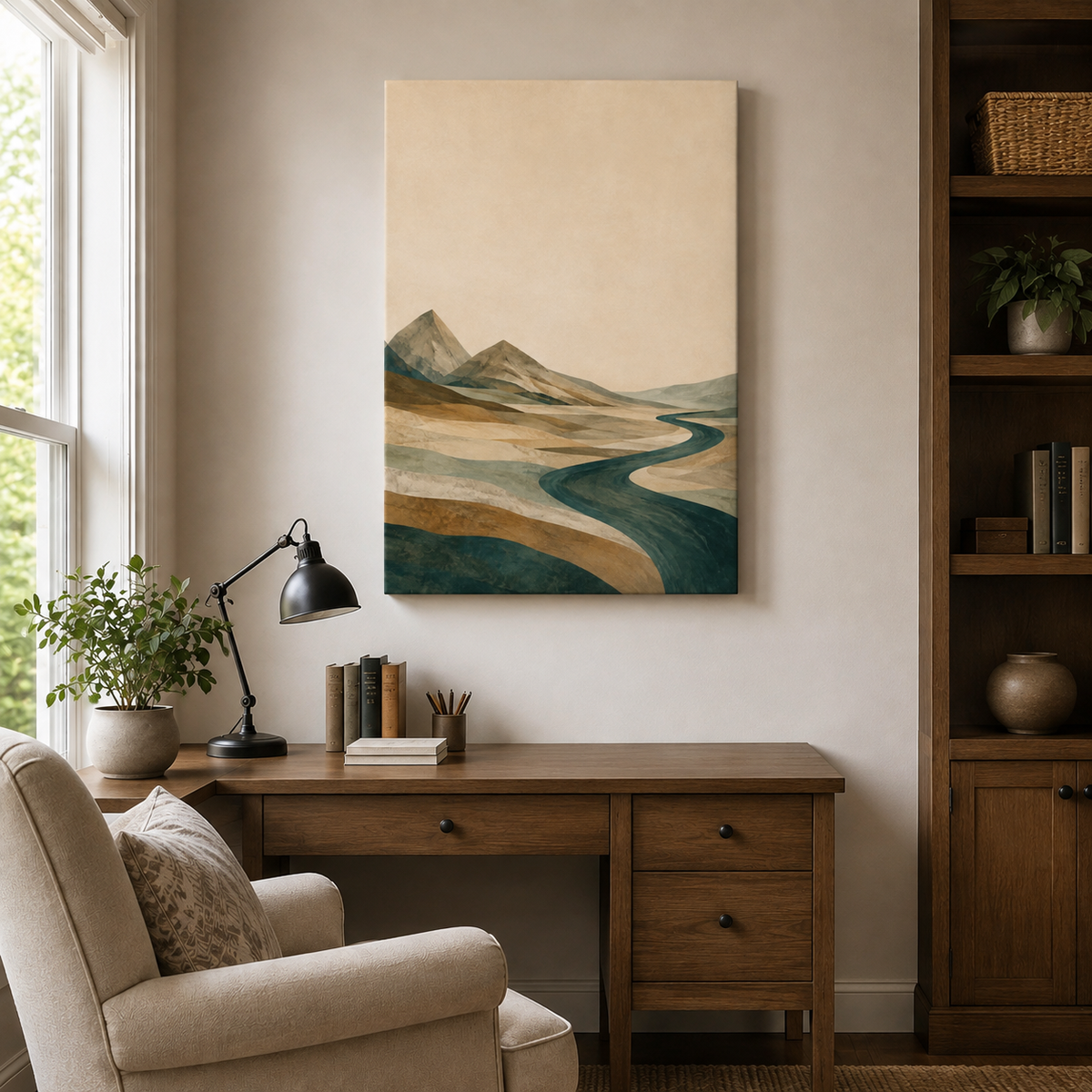 Teal River Valley Double Peak Canvas Wall Art — styled room view, image 6