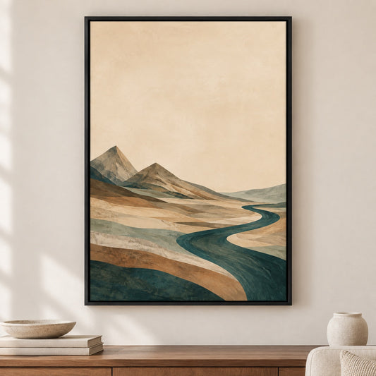 Teal River Valley Double Peak Canvas Wall Art - Black Frame closeup wall view