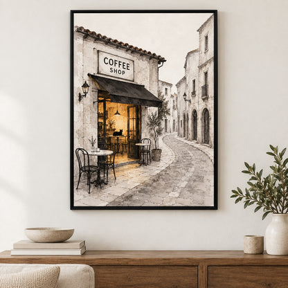 European Coffee Shop Alley Watercolor Canvas Wall Art - Black Frame closeup wall view