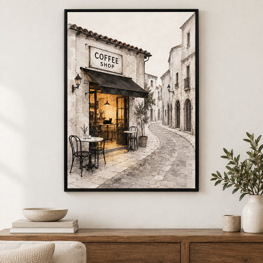 European Coffee Shop Alley Watercolor Canvas Wall Art - Black Frame closeup wall view