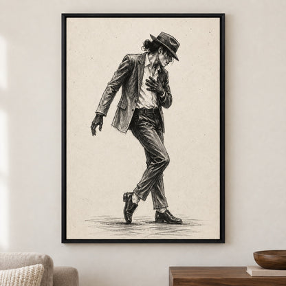 Arte mural en lienzo de un boceto al carboncillo de una bailarina inclinada hacia delante - Vista de cerca en la pared con marco negro
