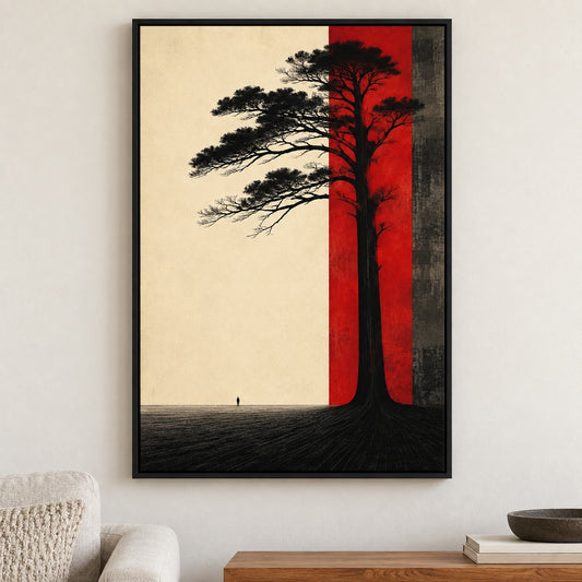 Red Band Solitary Tree Surreal Canvas Wall Art - Black Frame closeup wall view