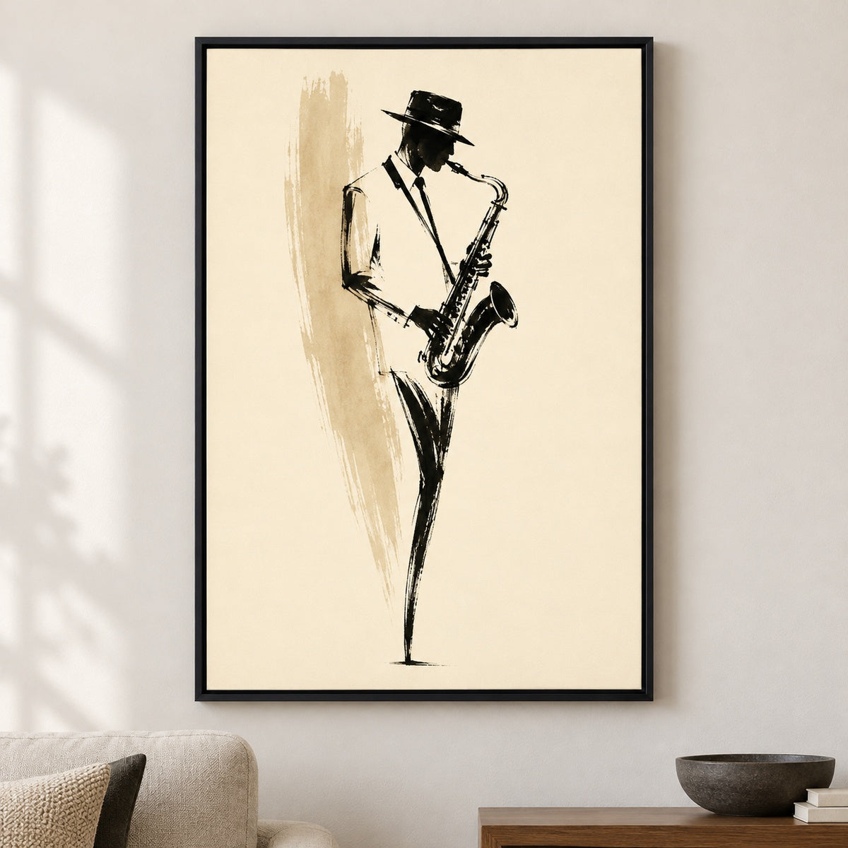 Minimal Saxophonist Ink Brush Canvas Wall Art - Black Frame closeup wall view