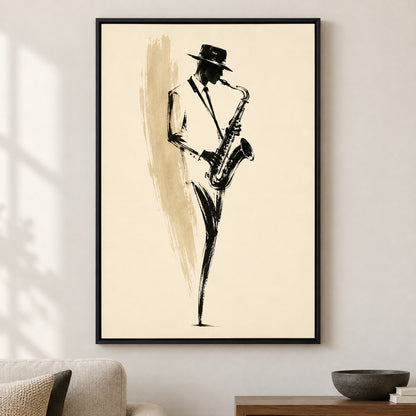 Minimal Saxophonist Ink Brush Canvas Wall Art - Black Frame closeup wall view