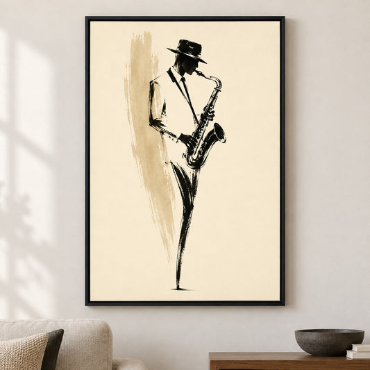 Minimal Saxophonist Ink Brush Canvas Wall Art - Black Frame closeup wall view
