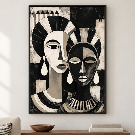 Overlapping Geometric Faces Abstract Canvas Wall Art - Black Frame closeup wall view