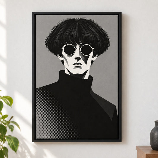 Aloof Bowl Cut Sunglasses Gothic Portrait Canvas Wall Art - Black Frame closeup wall view