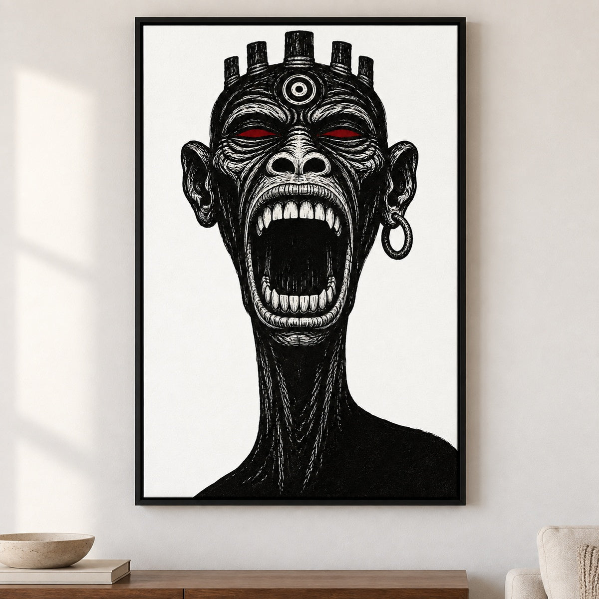 Screaming Ape Mask Woodcut Canvas Wall Art - Black Frame closeup wall view