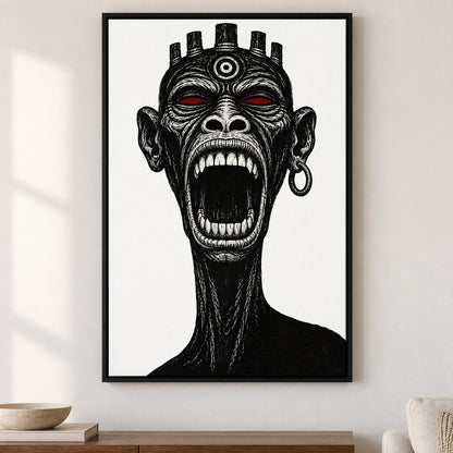 Screaming Ape Mask Woodcut Canvas Wall Art - Black Frame closeup wall view