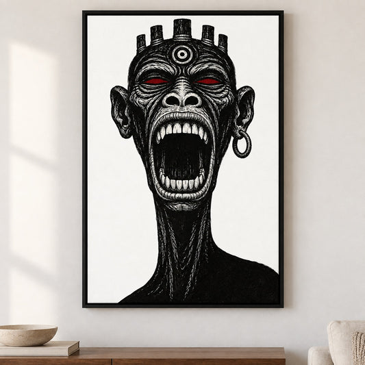 Screaming Ape Mask Woodcut Canvas Wall Art - Black Frame closeup wall view