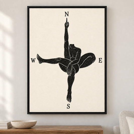 Body Compass Symbolic Figure Canvas Wall Art - Black Frame closeup wall view