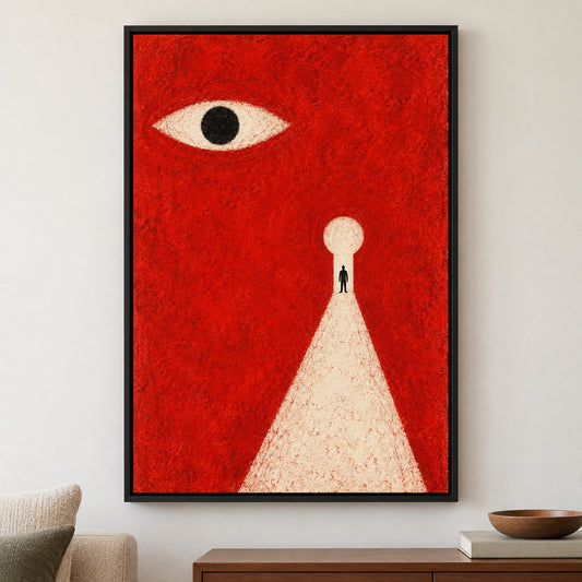 Red Surveillance Eye Surreal Canvas Wall Art - Black Frame closeup wall view